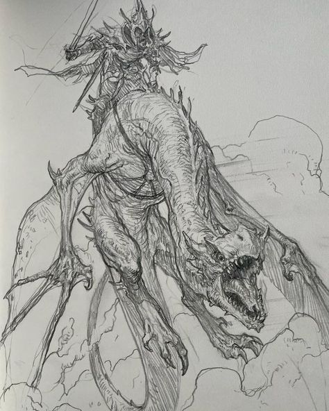 Sketches Of Swords, A Drawing A Day, Riding Dragon Drawing, Kingdom Drawing, Sketch Dragon, Karl Kopinski, John Howe, Dragon Artwork Fantasy, Dragon Sketch