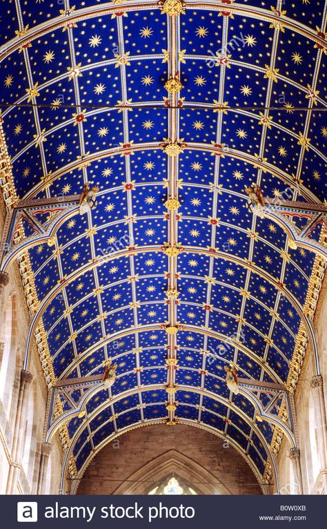 Carlisle Cathedral Choir ceiling 14th century blue gold painted Medieval stars bosses barrel vault vaulting Cumbria England UK Stock Photo Carlisle Cathedral, Church Ceiling, Barrel Vault, Starry Ceiling, Sca Garb, Jewelry Store Design, Blue Ceilings, Star Ceiling, Ceiling Murals