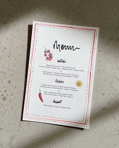 Perth Wedding Stationery & Signage on Instagram: "Custom watercolour illustrations paired with a hand drawn border and spot lettering, printed on white card. The illustrations add a personal touch to your stationery and can be used for all your stationery items starting from save the dates, invites, menus and signage 👩‍🎨🎨🍅🍋🌶️⁠" Homemade Menu Card, Watercolor Art Wedding Invitation, Watercolour Menu Design, Wedding Menu Italian, Wedding Stationary Illustration, Watercolour Invitations Wedding, Custom Menu For Dinner Party, Hand Drawn Menu Wedding, Hand Written Menu Cards