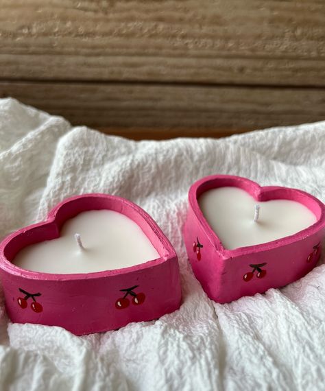 Cherry Heart Candle Clay Candle Pots, Air Dry Clay Candle, Clay Cherry, Clay Candles, Polymer Clay Candle, Candle Pot, Candle Diy, Clay Candle, Candle Base