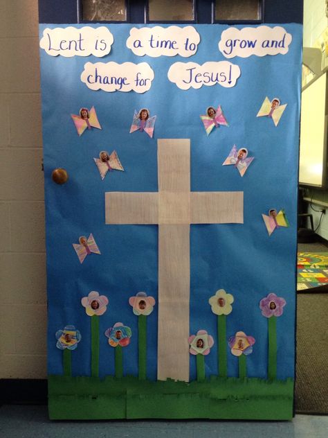 Classroom door for lent Lent Classroom Door, Christian Easter Door Decorations Classroom, Lent Door Decorations Classroom, Easter Door Decorations Classroom Jesus, Lent Bulletin Boards, Easter Classroom Door, Spring Classroom Door, Lenten Activities, Preschool Door