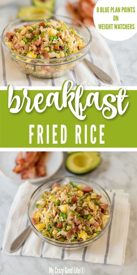 This skillet Breakfast Fried Rice is delicious and Weight Watchers friendly! It's a hearty and healthy breakfast that will fuel your body for the day ahead! This recipe is perfect for meal prep and is a breakfast your whole family will love! Weight Watchers | Blue Plan | Healthy Breakfast Breakfast Fried Rice Skinnytaste, Healthy Breakfast Fried Rice, Breakfast Rice Bowl Recipe, Hearty Breakfast Ideas Healthy, Morning Rice Breakfast Recipes, Skinnytaste Recipes Breakfast, Healthy Breakfast Bowls Meal Prep, Ww Breakfast Bowls, Breakfast Rice Recipes