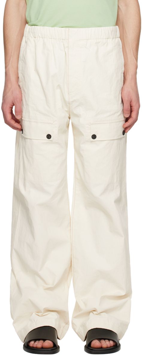 Wide-leg coated linen canvas trousers. · Elasticized waistband · Four-pocket styling · Zip-fly · Flap pocket at front legs · Drawstring at cuffs · Contrast stitching in red Supplier color: Mascarpone Lee White, Drawstring Trousers, Twill Trousers, Linen Canvas, Dion Lee, Twill Pants, Tailored Trousers, Drawstring Pants, Color Ivory