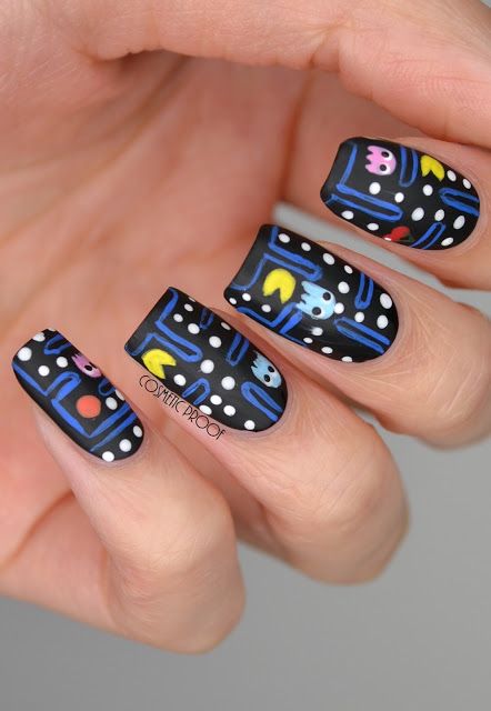 80s Themed Nail Art, Pacman Nail Art, 80s Nail Ideas, Pixel Nail Art, Dc Nail Art, Pop Culture Nail Art, Comic Style Nails, Arcade Nails, Comic Book Nails Designs