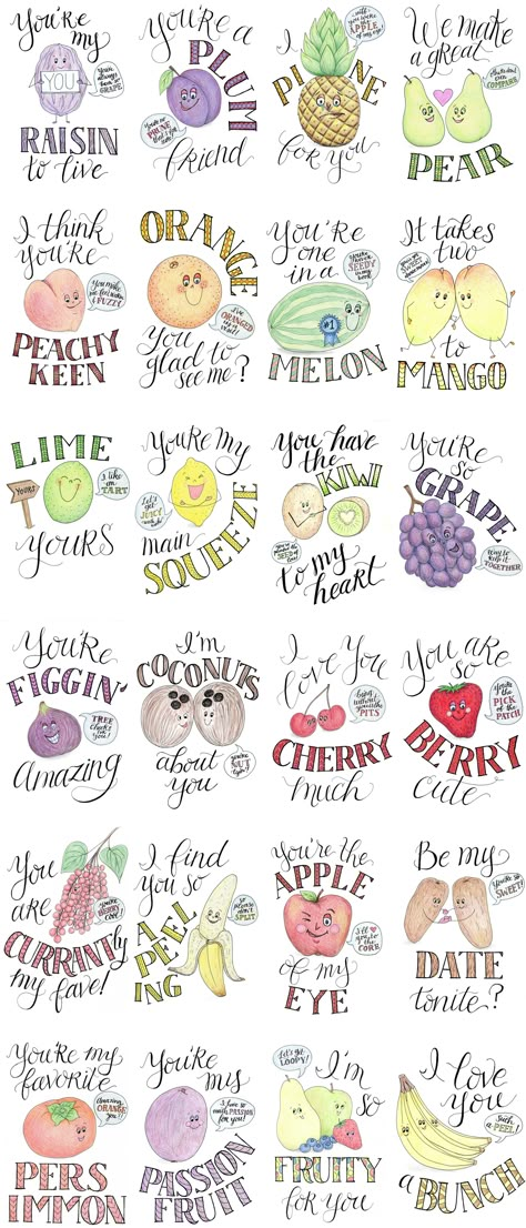 All of the fruit puns from the series (24 total). Fruit Puns Love, Quotes For Fruits, Fruit Sayings Cute, Fruit Puns Funny, Summer Puns Funny, Food Pun Cards, Strawberry Jokes, Cute Puns Friends, Fruit Quotes Inspirational