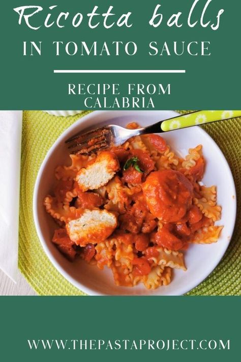 This delicious vegetarian version of pasta with 'meatballs' is made with Calabrian ricotta balls cooked in tomato sauce. An authentic Italian pasta recipe. #meatballs #ricotta #ricottaballs #ricottapasta #mafaldine #mafalde #polpette #Italianpasta #Italianrecipe #vegetarianpasta #authenticitalianpasta #meatlessmondays #easydinner #thepastaproject @thepastaproject Ricotta Polpette In Tomato Sauce, Pasta Queen Ricotta Balls, Ricotta Balls In Tomato Sauce, Mafaldine Pasta Recipes, Ricotta Balls Recipe, Meatballs Ricotta, Ricotta Balls, Veggie Entrees, Recipe Meatballs