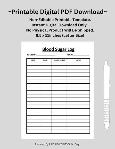 Printable Blood Sugar Log. Health Priorities. Health Care - Etsy Gift List Printable, Sign Out Sheet, Organized Life, Printable Crafts, Bake Sale, Business Pages, Garage Sale, Garage Sales, Craft Sale