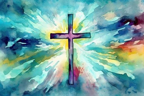 A vibrant watercolor painting of a cross soaring above the clouds in a graffiti-like style. Perfect for religious themes. royalty free stock images Religious Watercolor Paintings, Cross Watercolor Painting, Paint Splatter Art, Rainbow Images, Watercolor Cross, Religious Pictures, Church Bulletin, Vibrant Watercolor, Pics Ideas