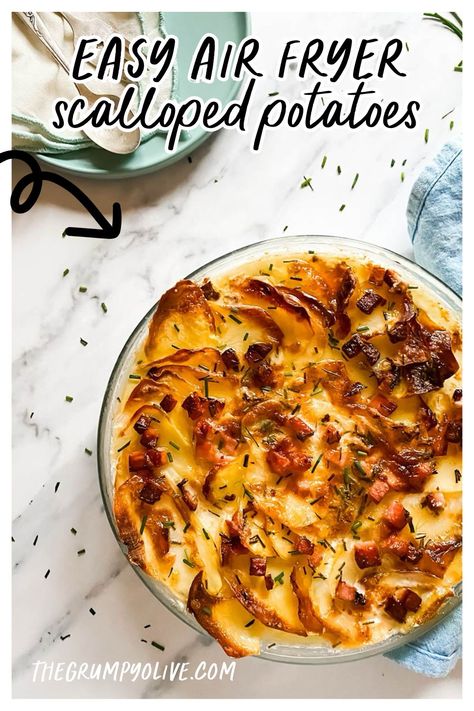 Indulge in the perfect side dish with our easy and delicious Air Fryer Scalloped Potatoes recipe. Whether you're using a Ninja Air Fryer or an Instant Pot Air Fryer, this dish is a breeze to make. Creamy layers, crispy perfection, and a hint of ham for that extra savory touch. Elevate your holiday feasts with this effortless and irresistible scalloped potatoes delight. Air Fryer Scalloped Potatoes And Ham, Scalloped Potatoes Air Fryer, Air Fryer Scalloped Potatoes, Mashed Potato Bites, Christmas Side Dish, Instant Pot Air Fryer, Ninja Air Fryer, Scalloped Potatoes Recipe, Scalloped Potatoes And Ham