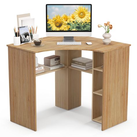 PRICES MAY VARY. [Corner-Fit Design]: Transform any corner into a multipurpose workstation with the computer desk. Its 90° triangle structure makes full use of every nook. As you want, it seamlessly fits into the left or right corner, making it an ideal solution for small space. [Spacious Desktop]: The corner desk has a wide desktop to provide ample workspace for a productive day. Besides, its arc-shaped profile ensures easier reach across the desk’s surface and will lower risk of bumping into s Corner Desks For Small Spaces, Corner Desk Ideas, Desk For Living Room, Corner Desk With Storage, Small Corner Desk, Desk For Small Spaces, Triangle Structure, Compact Vanity, Small Computer Desk