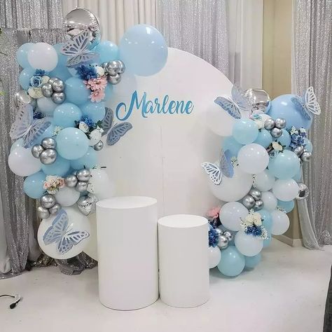 Blue Butterfly Theme Party, Pastel Blue Party Decorations, Sky Blue Birthday Theme, Blue Butterfly Party Decorations, Blue Butterfly Themed Birthday Party, Blue Butterfly Birthday Theme, Light Blue Party Theme, Blue Butterfly Birthday Party, Light Blue Birthday Party Decorations