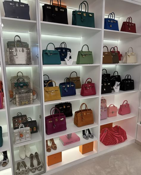 Birkin Collection Closet, Most Expensive Bags In The World, Handbag Collection Aesthetic, Luxury Bag Collection Closet, Purse Collection Aesthetic, Luxury Bag Closet, Birkin Collection, Beauty Room Vanity, Handbag Display