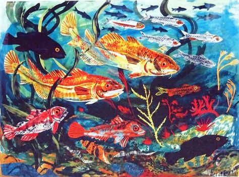 Mark Herald, Refugees Art, The Pathless, Mark Hearld, 2024 Inspiration, Fish Artwork, Pastel Poster, Collage Art Projects, Watercolor Fish