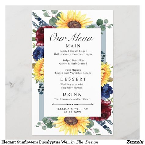 Elegant Sunflowers Eucalyptus Wedding Dinner Menu #zazzle #zazzlemade  #customparty #partysupplies #custominvitation #invitations #customdecor #holidays   #printondemand #customstationery #weddingstationery #wedding #bridalshower #invitationtemplate #partydecor #partydecorations #customgifts Bridal March, Blue Hydrangea Wedding, Modern Wedding Program, Blue Sunflower, Wedding Dinner Menu, Hydrangeas Wedding, Glitter Frame, Wedding Details Card, Eucalyptus Wedding