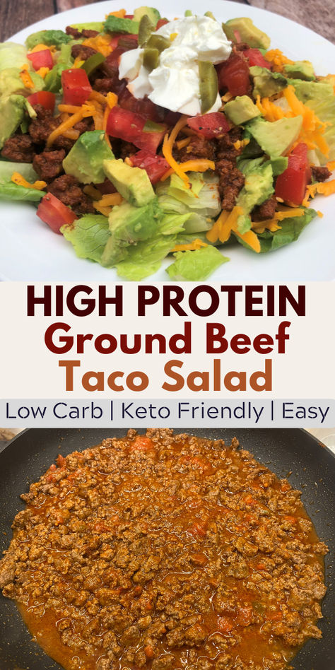 image of finished ground beef taco salad and Tex-Mex ground beef in a pan Easy Healthy Taco Salad, Salad With Ground Beef, Healthy Taco Salad Recipe, Healthy Taco Salad, Taco Salad Recipe Healthy, Easy Taco Salad Recipe, Veggie Pizza Recipe, Recipe With Ground Beef, Ground Beef Recipes Mexican