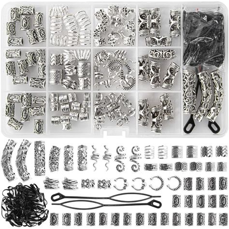 PRICES MAY VARY. 【Excellent Value Hair Jewelry Set】Viking rune beard beads in 40 irresistible styles and sizes, including 100 dreadlock accessories, 2 PCS Pull hair pin&50 PCS Black rubber bands, and a transparent storage box. Sufficient quantity is easy to carry and meets your daily use. 【Various Styles】 These Viking jewelry braiding hair accessories come in various styles and sizes, which can adjust the braiding beads according to your hair volume and needs. Beads and symbols in different styl Viking Hair Accessories, Braid Decorations, Hair Embellishments, Accessories For Braids, Vikings Hair, Beard Decorations, Braids Dreadlocks, Hair Jewelry For Braids, Braided Beard