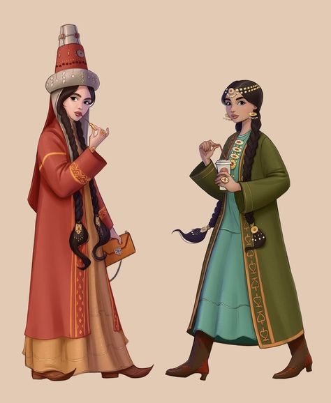 Kazakh Clothing, Kazakh Art, Sky Art Painting, Afghan Girl, National Clothes, Asian History, Haikou, History Fashion, Illustration Art Drawing