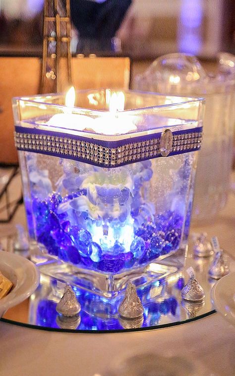 Royal Blue Lighted Square Glass Wedding Centerpiece | Etsy India Quince Colors, Royal Blue Centerpieces, Glass Wedding Centerpieces, Wedding Cermony, Photo Centerpieces, Royal Blue Wedding Theme, Tropical Bridal Bouquet, Starry Wedding, Vases Centerpieces