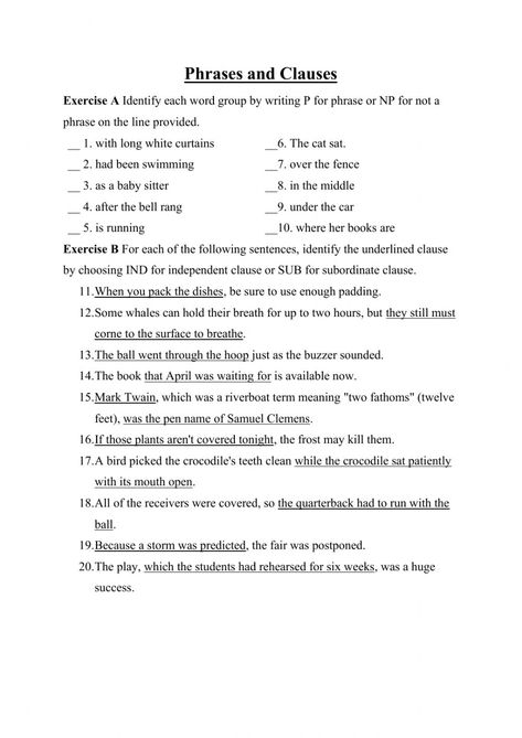 Phrases And Clauses Worksheet, Clauses Worksheet, Phrases And Clauses, Infinitive Phrases, Dangling Modifiers, Prefix Worksheet, Accounting Cycle, Relative Clauses, English Collocations