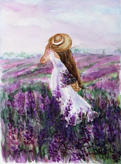 Field Of Lavender, Lavender Paint, Space Animals, Painting People, Garden Artwork, Aesthetic Painting, Lavender Fields, Ethereal Art, Tree Painting