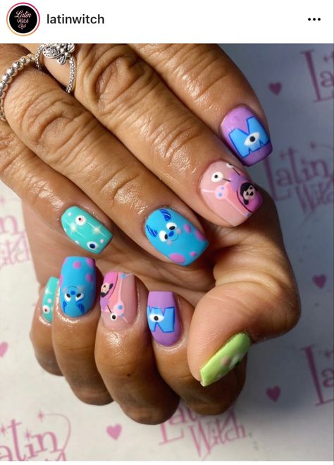 Monster Inc Nails, Disney Gel Nails, Disney Themed Nails, Disneyland Nails, Monster Nails, Disney Inspired Nails, Overlay Nails, Kawaii Nail Art, Multicolored Nails