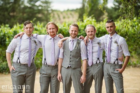 Lavender groomsmen with suspenders done right. Wedding Colors Lavender, Groomsmen Attire Grey, Groomsmen Suspenders, Groomsmen Grey, Mens Wedding Attire, Groomsmen Outfits, Dusty Sage, Lilac Wedding, Groom And Groomsmen Attire