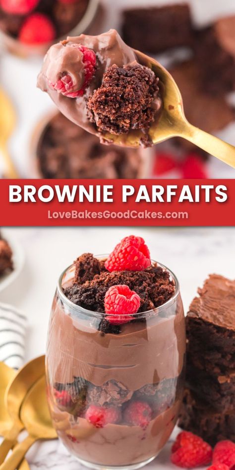 Brownie Parfaits pin collage Brownie Cup Desserts, Brownie Desert Cups, Brownie Pudding Dessert, Mini Brownie Trifle, Brownie Mousse Cups, Brownie Parfait Desserts Easy Recipes, Brownie Flavors, Brownie Parfait, Fruit Parfait Recipes