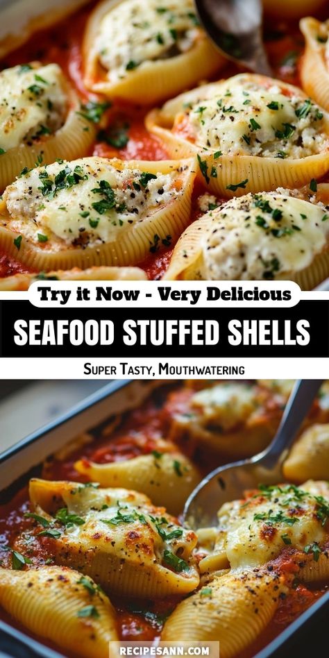 I'm excited to share my new favorite dish: Seafood Stuffed Shells! These delightfully creamy pasta shells are filled with a savory seafood mixture and baked to perfection in a rich tomato sauce. Every bite is absolutely mouthwatering and perfect for any occasion. Trust me, you won't want to miss out on this recipe! Ree Drummond Shrimp Scampi Stuffed Shells, Crab Stuffed Pasta Shells Recipe, Lobster Stuffed Pasta Shells, Stuffed Scallops In Shell, Crab Stuffed Shells Recipes, Italian Stuffed Shells With Meat, Shrimp Stuffed Pasta Shells, Seafood Stuffed Shells Alfredo, Stuffed Shells Seafood