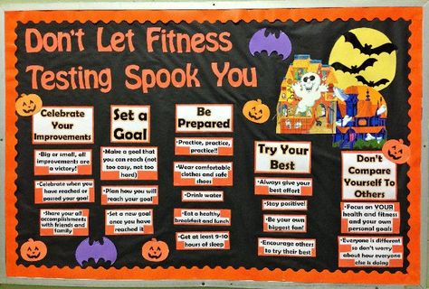 Don't Let Fitness Testing Spook You Bulletin Board Health Classroom, Pe Classroom, Fitness Testing, Pe Bulletin Boards, Pe Board, Cardiac Rehab, Elementary Physical Education, Elementary Pe, Pe Lessons