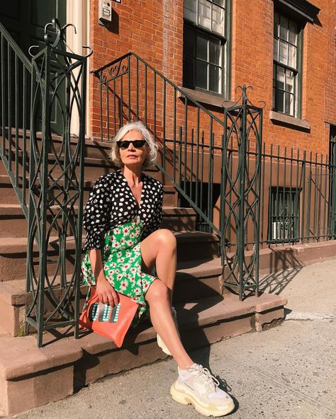 Grece Ghanem on Instagram: “Steel magnolias! @rixo” Grece Ghanem, Single Dress, Mixed Print Dress, Steel Magnolias, Sneakers Looks, Aging Gracefully, High Fashion Street Style, Mixing Prints, Trending Dresses