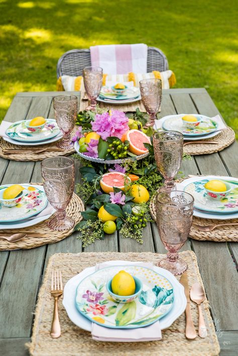 Beautiful Citrus Outdoor Table Setting : Summer Brunch Table Summer Brunch Table Setting, Birthday Lunch Table Decoration, Outdoor Table Scape, Garden Lunch Table Setting, Outdoor Lunch Table Setting, Lunch Table Decoration, Lunch Table Decor, Outdoor Brunch Table Setting, Table Setting Summer