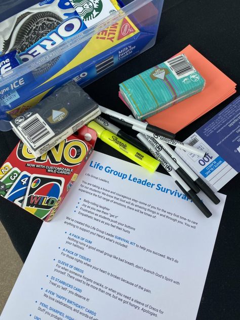 Our Life Group Leader Survival Kit - Blog | Download Youth Ministry Blog Leader Survival Kit, Kit Gift Ideas, Pack Of Gum, Survival Kit Gifts, Starbucks Card, Youth Leader, High School Life, Life Group, Missions Trip