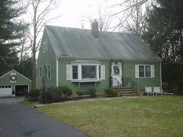 Cape Cod Whole House Renovation traditional - BEFORE Cape Cod Bay Window Exterior, Cape Cod Makeover Exterior, Renovated Cape Cod House, 1950 Cape Cod House Remodel, Green Cape Cod House Exterior, Cape House Addition Ideas, Updated Cape Cod Exterior, Small Cape Cod House Interior Ideas, Cape Cod Exterior Paint Colors