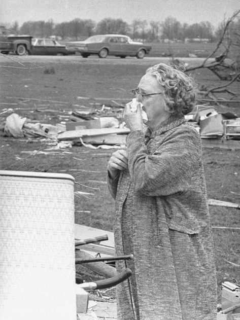 Mrs. Clifford Davis reacts to seeing the ruins of the house owned by her daughter and son-in-law, Phillip Amon of Marion on Monday, April 12, 1965. The couple survived the Palm Sunday tornadoes of April 11, 1965, which killed 140 people in northern and central Indiana. Marion Indiana, Anderson Indiana, Grant County, Weather Storm, Northern Indiana, York Travel, Travel Oklahoma, Palm Sunday, Son In Law