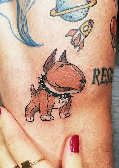 The 16 Best Cartoon Tattoo Ideas for Bull Terrier Lovers | Page 2 of 3 | PetPress Bull Terrier Tattoo Ideas, English Bull Terrier Tattoo, Misa Tattoo, Staffy Tattoos, Bullterrier Art, Bull Terrier Tattoo, Terrier Tattoo, Cartoon Tattoo Ideas, Funny Tattoo