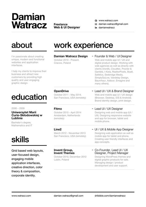 Swiss Style Resume 2014 by Damian Watracz Cv Original Design, Cv Original, Cv Inspiration, Graphic Design Cv, Logos Retro, Resume Layout, 포트폴리오 레이아웃, Portfolio Resume, Swiss Style