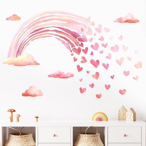 PRICES MAY VARY. Nursery Decorations: Our neutral wall decals are designed with various vivid patterns like pink clouds, rainbow, love hearts. These lovely wall decals and stickers are suitable for nursery, preschool, daycare, playroom, classroom, kids bedroom, living room, kindergarten and school. Perfectly DIY a magic space for baby, infant, toddlers, kids, children, teens, teenagers, girls and boys Package Including: You will get 2 sheets of delicate in the package. The height of each removab Wall Decals For Girls Room, Boho Rainbow Girls Room, Pink Room With Rainbow, Rainbow Wall Paint Girl Rooms, Pink Rainbow Walls, Rainbow Bedroom Ideas Kids, Pink Ombre Rainbow Wall, Rainbow On Pink Wall, Rainbow Wall Decal Nursery