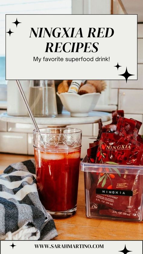 Why I drink this antioxidant drink every day for natural energy and my vitamins! Learn about the benefits of Ningxia Red plus, some of my favorite recipes and ways to drink it! Red Medicine Drink First Watch, Ningxia Red Recipes, Ningxia Red Young Living, Ningxia Red Benefits, Red Punch Recipes, Red Recipes, Superfood Drinks, Ningxia Red, Red Drinks