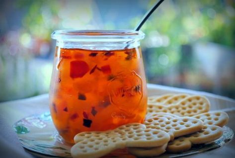 Best of Long Island and Central Florida: PEACH HABANERO JAM Peach Habanero Jam, Habanero Jam, Habanero Jelly, Canning Recipe, Fish And Chicken, Peach Jam, Pepper Jelly, Jelly Recipes, Sweet Peach