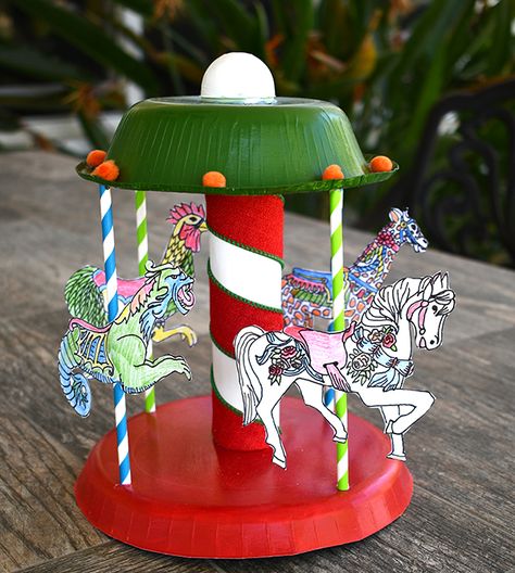 Craft a Paper Carousel Merry Go Round Craft Preschool, Carnival Crafts For Kids Art Projects, Amusement Park Craft, Fair Art Projects For Kids, Carnival Art Projects, Carnival Craft Ideas, Carnival Art Projects For Kids, Carnival Arts And Crafts, Carnival Crafts For Kids