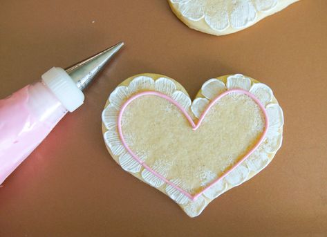 How to Make Lace-Trim Decorated Cookies | Bake at 350° Royal Icing Embroidery Cookies, Royal Icing Cookie Borders, Lace Cookies Decorated, Elegant Royal Icing Cookies, Valentine Cookies Royal Icing, Simple Cookie Decorating, Royal Icing Lace, Heart Cookies Decorated, Heart Shaped Sugar Cookies