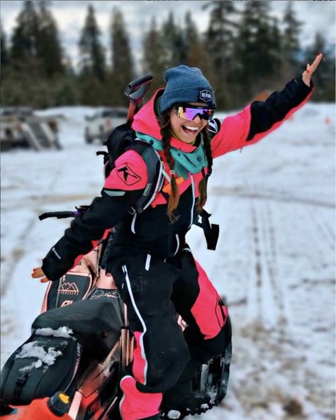 Women’s Snowmobile Outfit, Snowmobiling Outfit Woman, Snowmobiling Aesthetic, Snowmobile Outfit Woman, Snowmobile Photography, Sled Aesthetic, Women Snowmobile, Snowmobile Aesthetic, Snowmobiling Girl