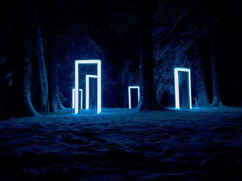 Florian Bruggisser's immersive installation emphasizes the importance of togetherness and collective coexistence. The title of the work, åben, means open in Danish. See the full project: https://on.be.net/3hBUtvg Neon Art Installation, Immersive Installation, Experiential Art, Light Art Installation, Forest Light, Design And Technology, Neon Art, Door Installation, Light Installation