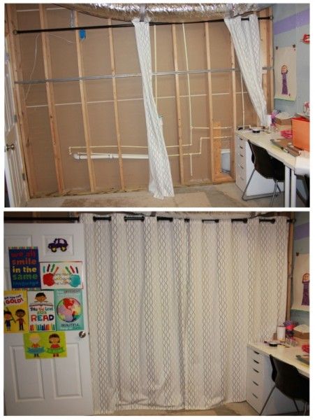 Track Basement Curtains Wall | ... IKEA Craft Room Turned an Unfinished Basement into a Beautiful Space How To Cover Basement Walls, Curtain Wall Basement, Basement Craft Room Ideas Unfinished, Unfinished Basement Play Area, Basement Curtain Walls, Curtains To Cover Walls, Wall To Wall Curtains, Basement Curtains, Basement Window Replacement