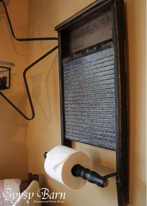 Repurposed Washboard - could this be fitted to be a paper towel holder? Laundry Trough, Unique Paper Towel Holder, Washboard Decor, Primitive Bathroom, Primitive Bathrooms, Curtain Rod Holders, Rustic Bathrooms, Rustic Bathroom, Laundry In Bathroom