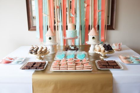 We couldn't love this bird-themed aqua and coral birthday party more! #birthdayparty #projectnursery Coral Birthday Party, 1st Birthday Foods, Birdie Birthday, Gold Party Decor, Sea Foam Blue, Birthday Party Snacks, Birthday Party Desserts, Girl Bday Party, Gold Party Decorations