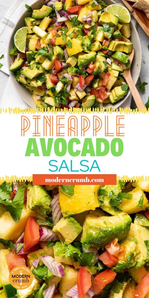 When the days are long and hot, you'll want something cool and refreshing to snack on. This pineapple avocado salsa is beyond easy to make, using all fresh and healthy ingredients. Grab the tortilla chips and get ready to relax poolside. Pineapple Avocado Salsa, Fresh Corn Salsa, Roasted Tomatillo Salsa, Southwest Recipes, Crumb Recipe, Chicken Taco Salad, Avocado Taco, Roasted Tomatillo, Easy Guacamole