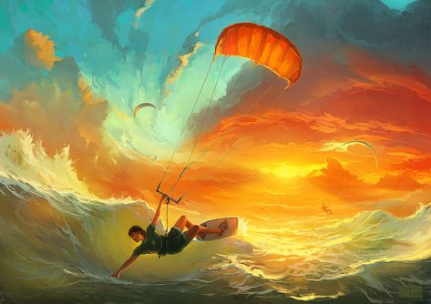 ArtStation - "The Lords Of The Wind", Artem Chebokha Caspar David Friedrich, Kitesurfing, Art Et Illustration, Canvas Gift, Surf Art, Kite Surfing, Arte Pop, Animation Art, Graphic Designer