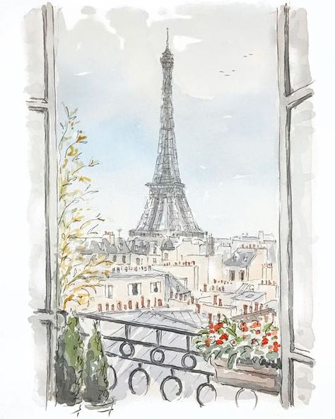 Paris Gouache Painting, Watercolor Paris Paintings, Lina Nordin Gee, Paintings Of Paris, Paris Watercolor Painting, Paris Drawings, Drawing Paris, French Art Prints, Paris Sketch