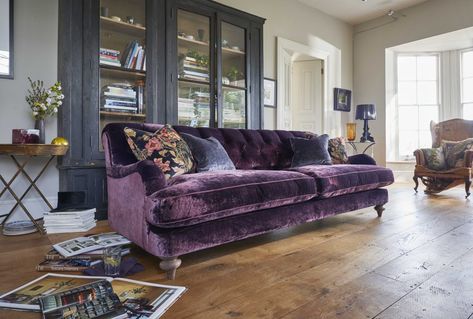 INTRODUCING Bronte, the Spirit Collection's new line that features rich velvets and an elegant design. Bronte Sofa, Purple Velvet Sofa, Purple Couch, Sofa Images, Luxurious Sofa, Fantastic Furniture, Furniture Showroom, Large Sofa, Luxury Sofa